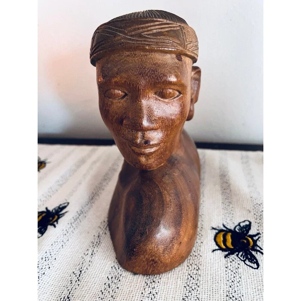 Indigenous Hand Carved Native Wood Bust Statue